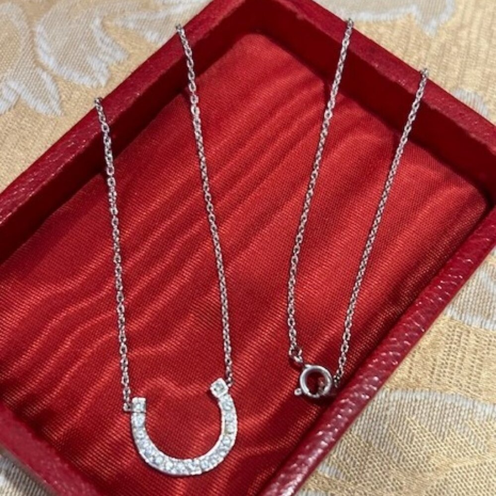 925 Silver CZ Rhinestone Horseshoe Pendant NECKLACE